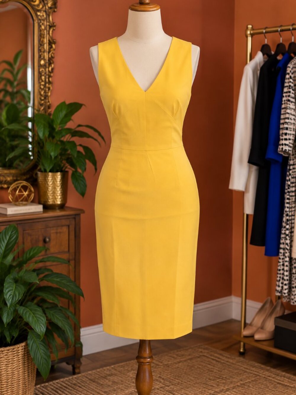Kasper Yellow V-Neck Midi Dress